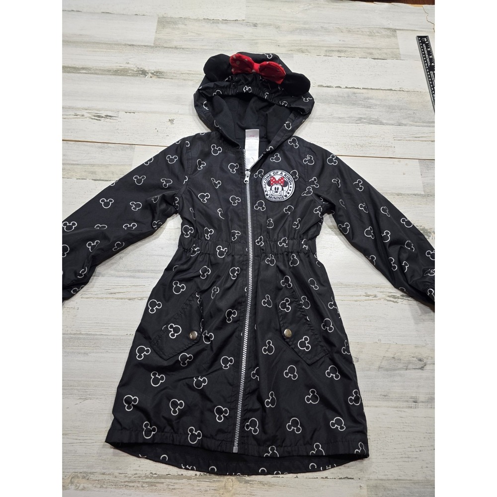 Disney Minnie Mouse Girls Black Hooded Windbreaker Jacket 3D Ears Bow Size 8